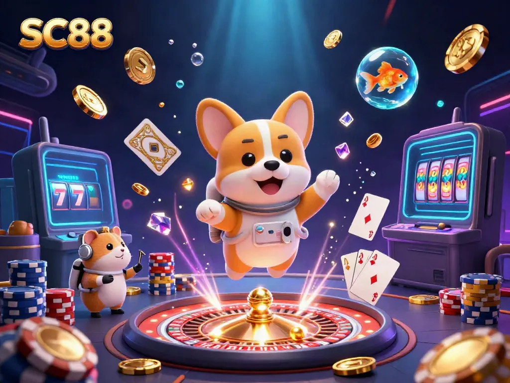 Engage with the vibrant SC88 space casino scene featuring a playful astronaut corgi amidst floating poker chips and coins.