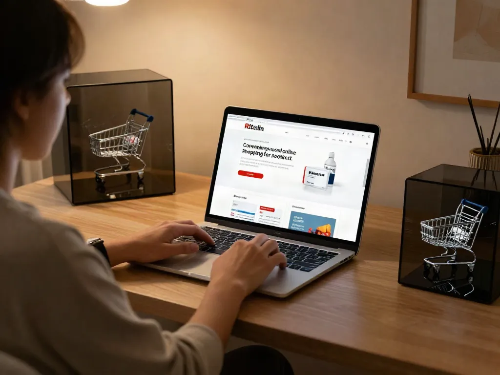 "Buy Ritalin online: user-friendly e-commerce platform showing health products and shopping cart filled during a virtual shopping experience."