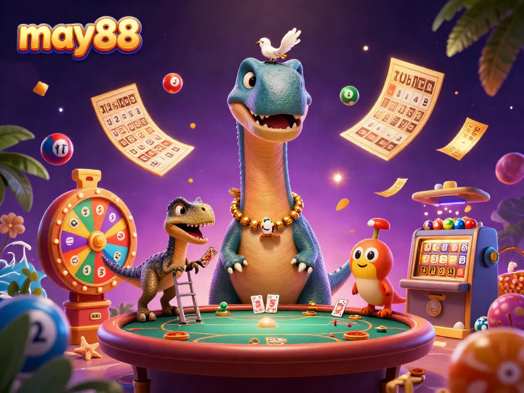 Engage with may88's vibrant casino experience featuring a whimsical scene of a towering brontosaurus and clever raptor.