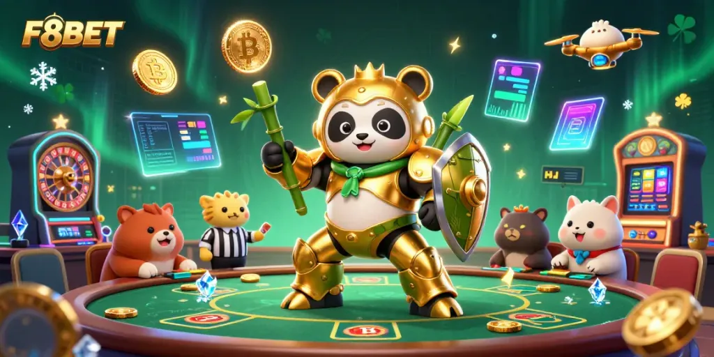 Experience thrilling gaming at F8BET with a cartoon panda pilot in a vibrant casino arena.