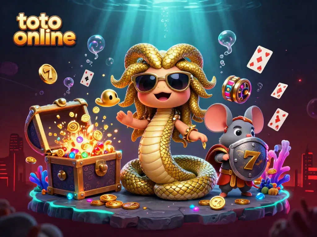 Experience exciting toto online gaming with a vibrant 3D scene featuring Medusa and a warrior mouse.