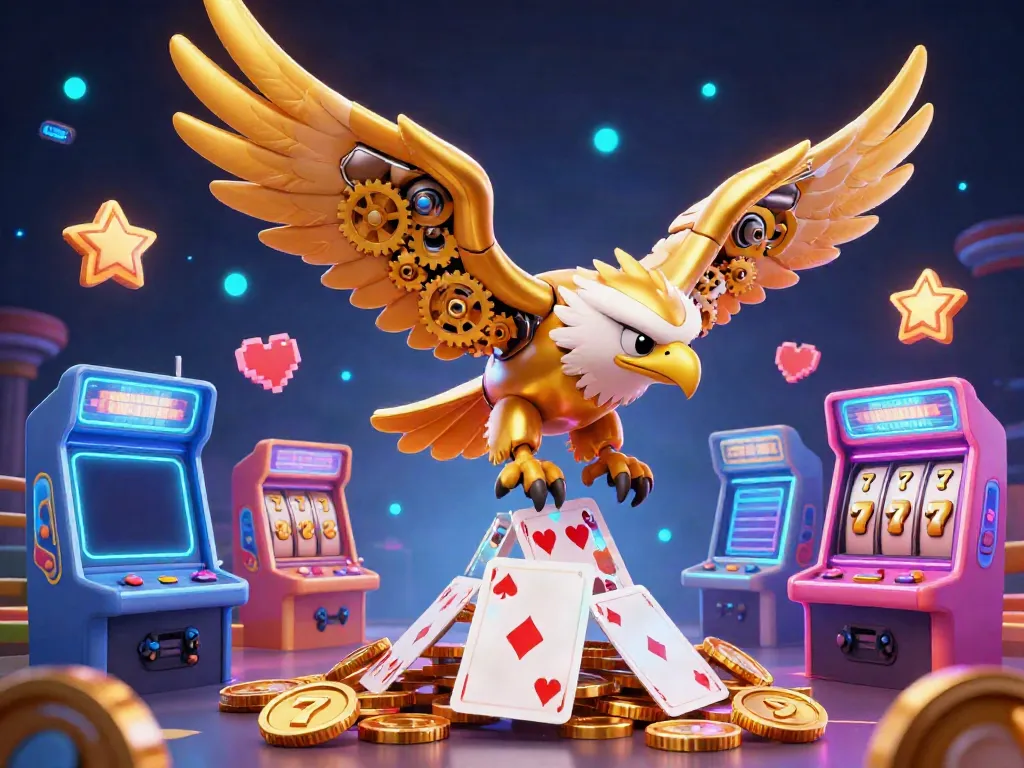 Experience the excitement of TK88's casino games with a dynamic 3D illustration featuring a cybernetic eagle and exciting gaming elements.