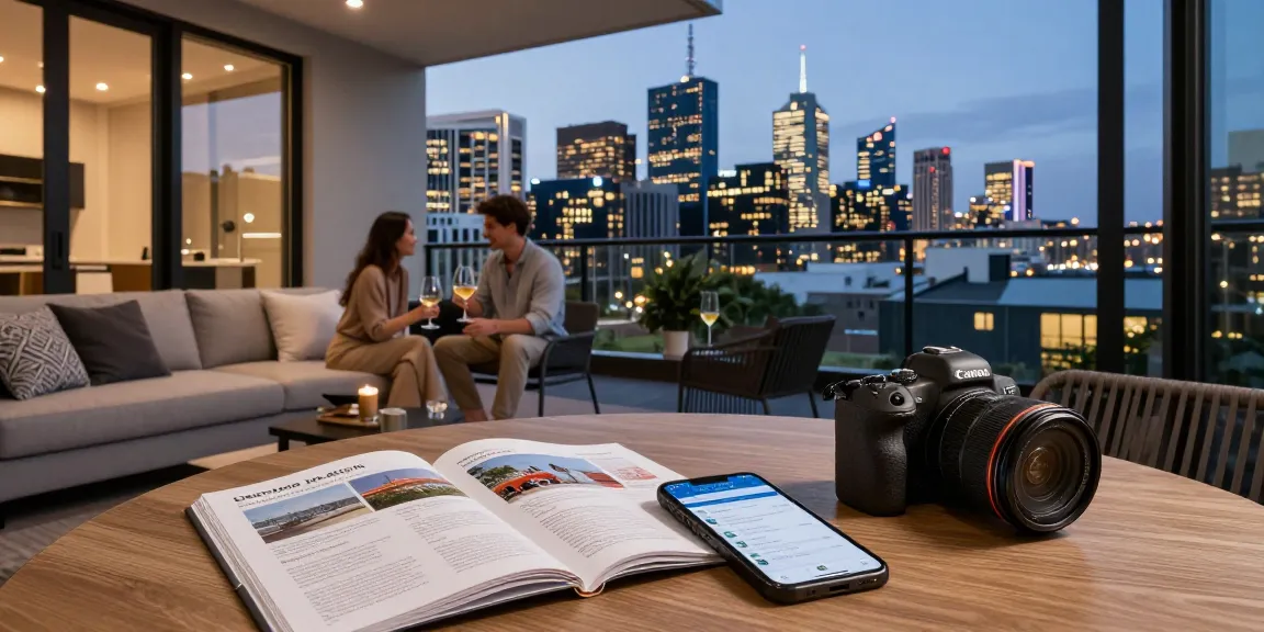 Melbourne Airbnb management in a stylish apartment with city views, showcasing a couple enjoying their stay.