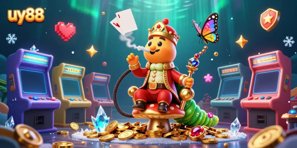 Experience exciting gaming with uy88 featuring a vibrant 3D casino illustration of a caterpillar hookah-master.