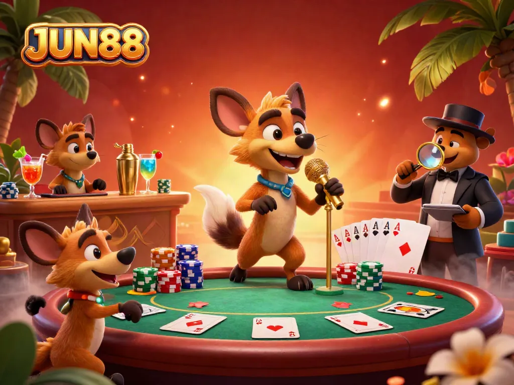 Engage with JUN88's lively casino atmosphere featuring hyenas as entertainers in a vibrant setting.