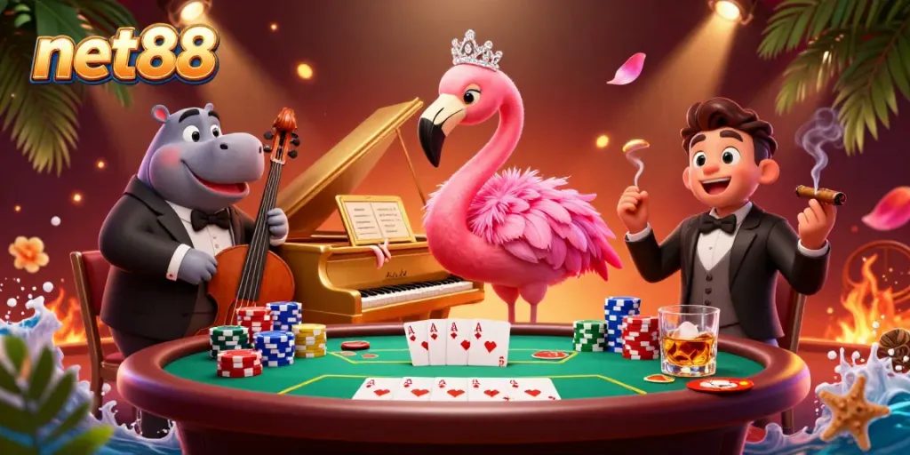 Experience the excitement of net88 with vibrant casino characters and poker ambiance.
