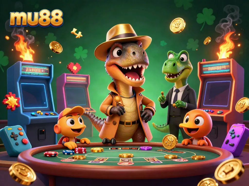 Engage with the exciting world of mu88 as a velociraptor card counter amid vibrant 3D casino elements.