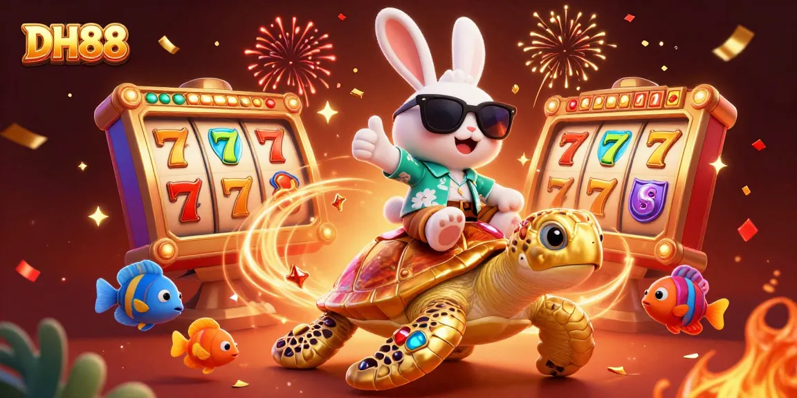 Engage with exciting DH88 slot games featuring a lucky rabbit and golden turtle in a festive scene.