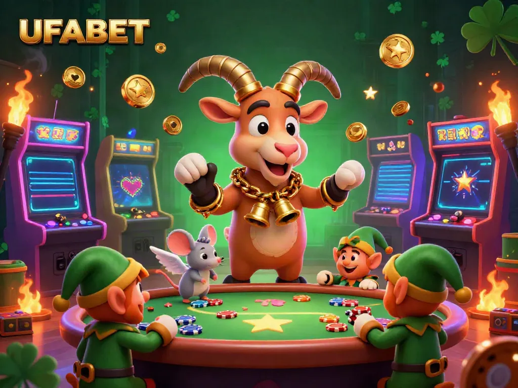 Experience the excitement of UFABET with a whimsical casino scene featuring Krampus and fun characters.