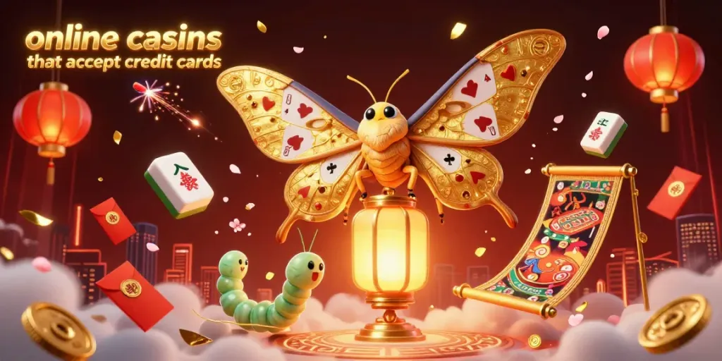 Engage with online casinos that accept credit cards featuring vibrant casino elements and golden moths.