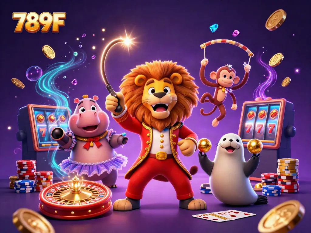 Win big at 789F with celebrating characters amidst casino excitement and vibrant game elements.
