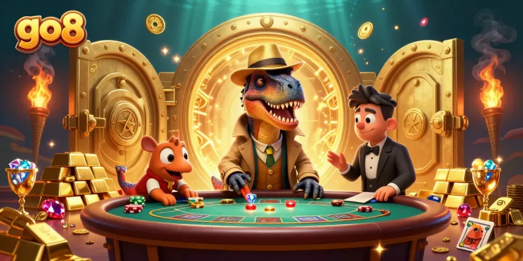 Experience thrilling gaming action at go8 with delightful 3D characters, chips flying amidst sparkling treasures.