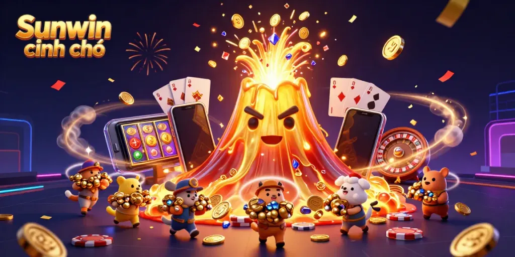 Experience the excitement of Sunwin chính chủ with vibrant 3D golden volcano and casino game elements.