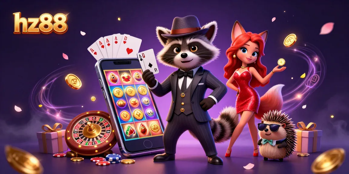 Experience thrilling gameplay at hz88 with a raccoon, fox, and hedgehog in a vibrant casino setting.
