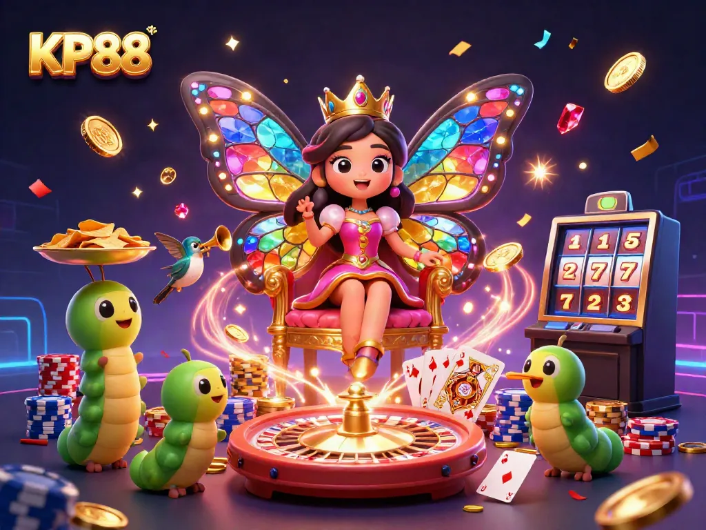 Experience vibrant casino excitement with KP88's dynamic 3D casino illustration featuring game elements and animated characters.