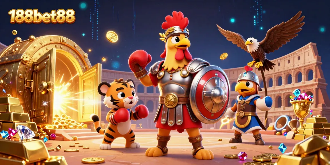 Experience thrilling action with 188bet88 as the gladiator rooster battles alongside a tiger cub in an electrifying casino scene.