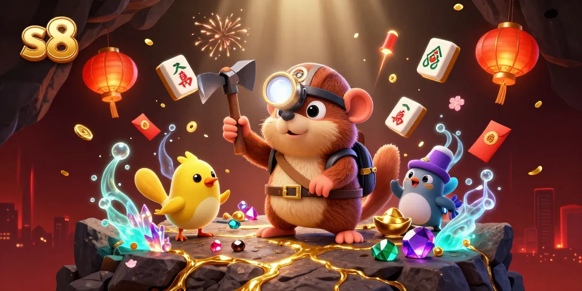 Engage with the exciting world of S8 casino gaming, featuring a treasure hunter mole in a vibrant 3D treasure cave illustration.