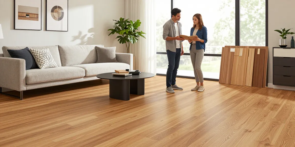 Couple comparing samples of best engineered wood floors for homes in a stylish living room.