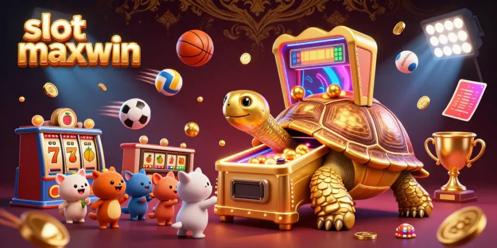 Experience slot maxwin excitement with a 3D tortoise pinball machine and vibrant gaming elements.