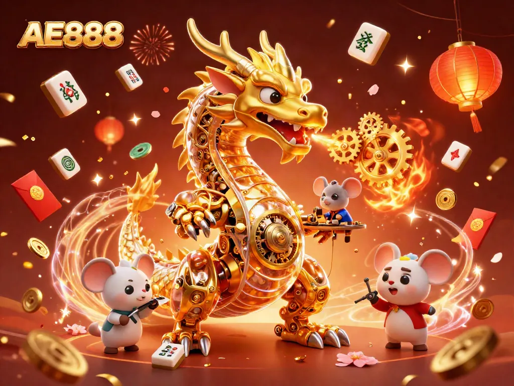 Experience thrilling gameplay at AE888 Casino with a vibrant dragon and festive elements surrounding exciting casino action.