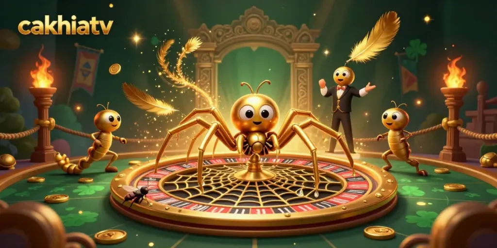 Cakhiatv showcases a vibrant scene with a golden spider and centipede croupier amid spinning roulette gameplay.