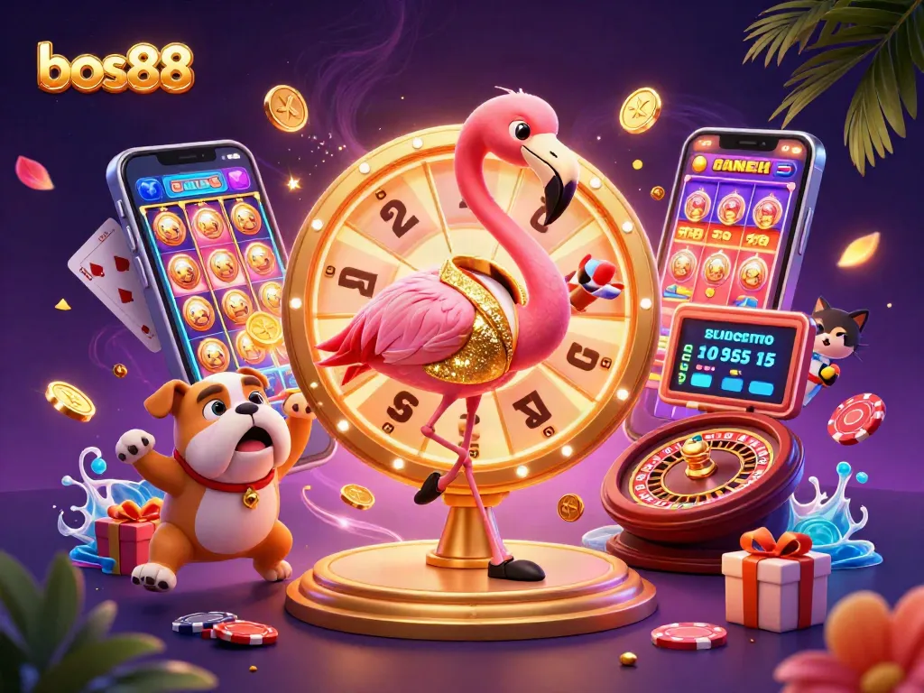 Spin the prize wheel at bos88 with vibrant casino elements bursting around the scene.