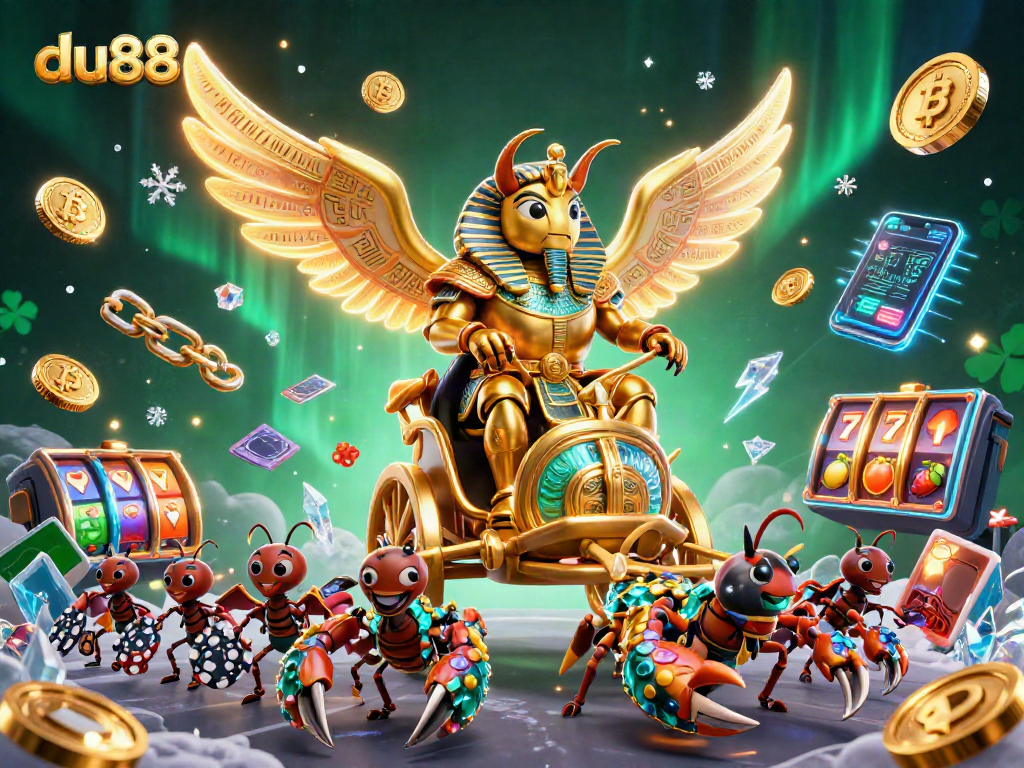 Join the excitement at du88 Casino with golden scarab chariot racing and vibrant slot reels!