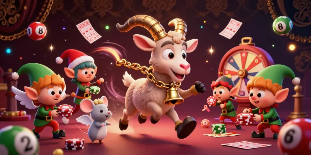 Xoso66's exciting casino scene with Krampus goat and characters engaging in thrilling lottery gameplay.