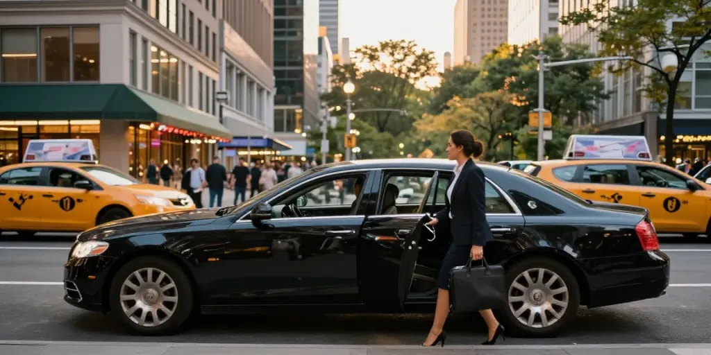 Professional car service NYC with luxury sedan and chauffeur assisting a businesswoman in vibrant urban setting.
