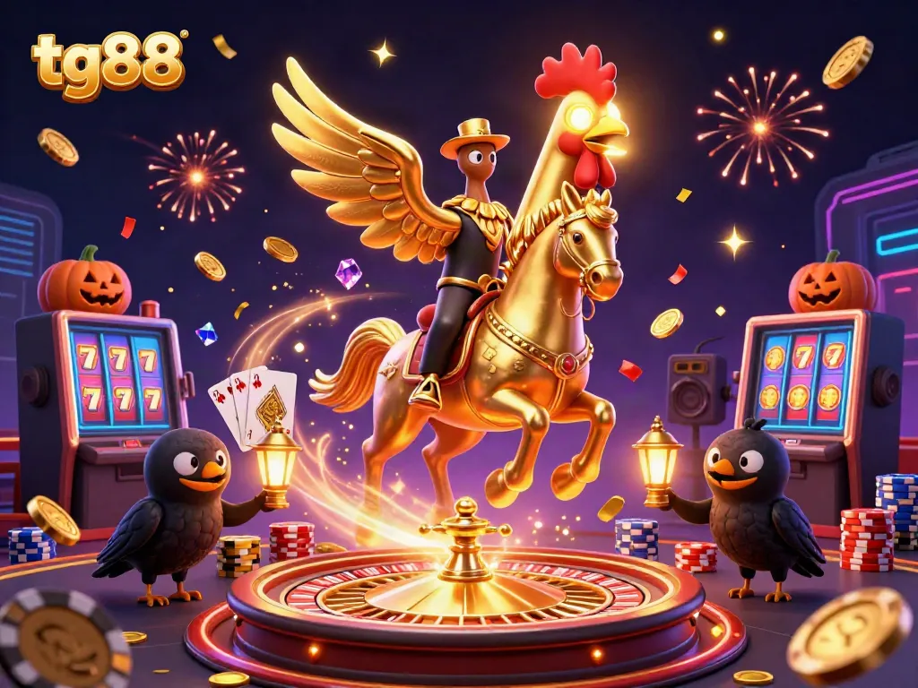 Experience the thrill of tg88 with a golden rooster and magical casino elements in a vibrant scene.