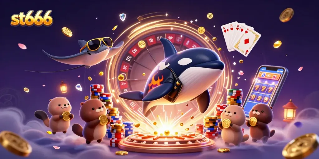 Experience thrilling gaming at st666 with a lively scene of characters enjoying gaming excitement.