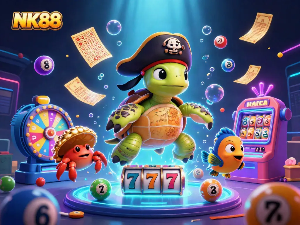 Experience NK88 with a vibrant scene showcasing lively casino elements and colorful characters in action.