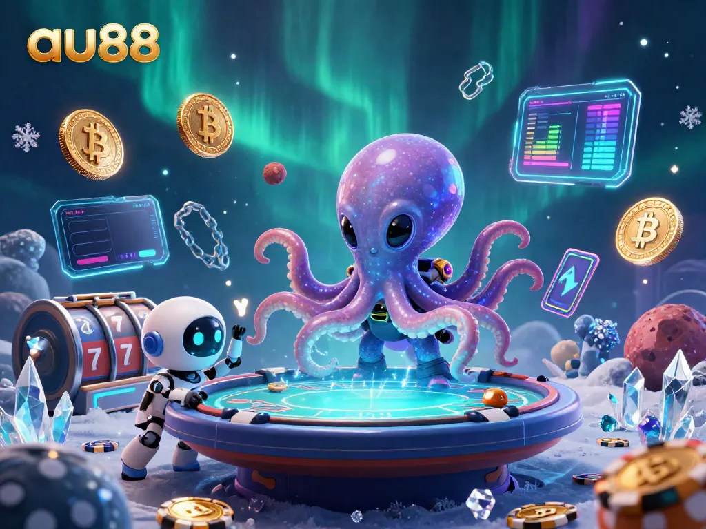 Engage in thrilling gameplay at au88 with an octopus showcasing a holographic poker table surrounded by vibrant casino elements.