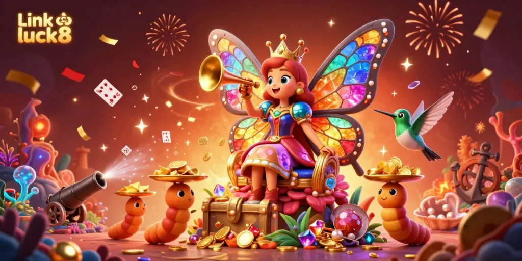 Experience the excitement at Link vào luck8 with winning chips and celebratory vibes from a butterfly queen.