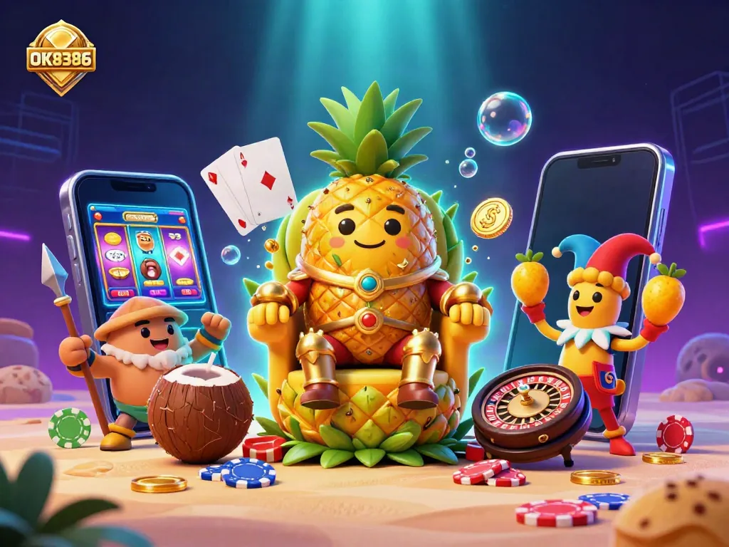 Engaging gameplay at OK8386, featuring a golden pineapple king surrounded by colorful casino elements, creating an immersive experience.