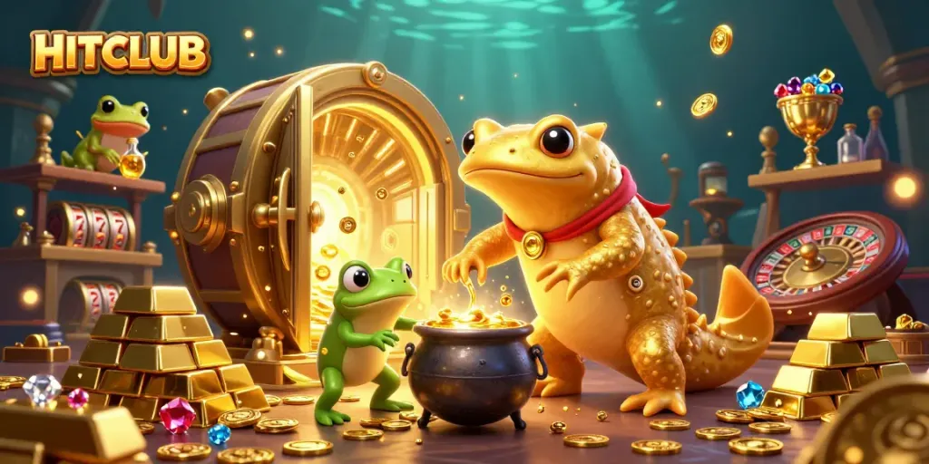 Join HITCLUB at an exciting online casino with vibrant characters and golden treasures!