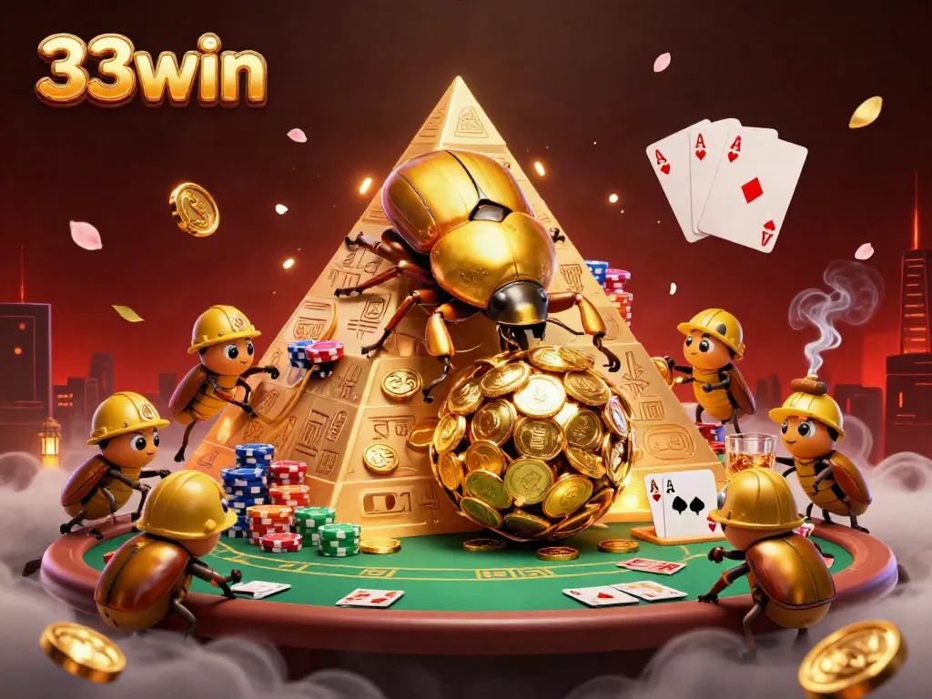 Experience 33win's thrilling casino action with a golden beetle rolling coins under a vibrant pyramid.