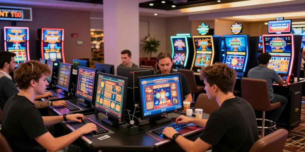 Players enjoying engaging activities at online credit card casinos in a vibrant casino setting