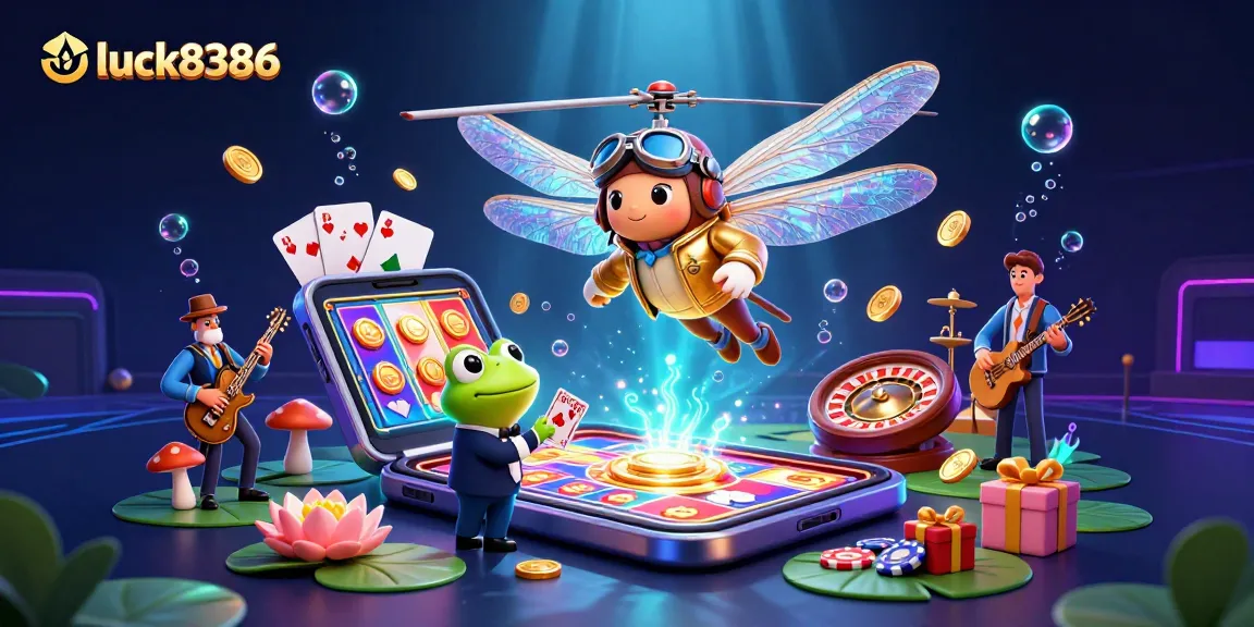 Experience the excitement of luck8386 with vibrant casino action as a dragonfly pilot and frog dealer create a lively atmosphere.