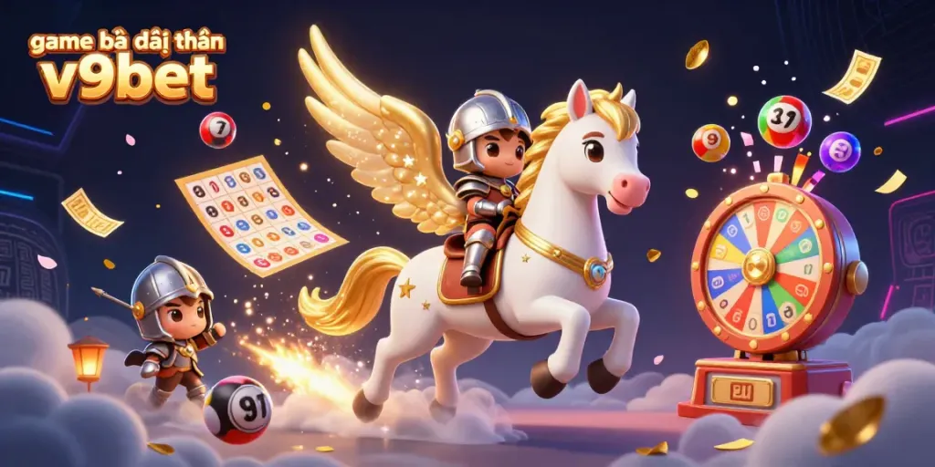 Experience the thrill of game bài đổi thưởng v9bet with rich 3D fantasy elements featuring a celestial horse and vibrant lottery themes.