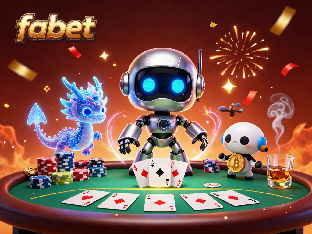 Win big with fabet at this casino scene featuring a cyberpunk robot and poker elements.