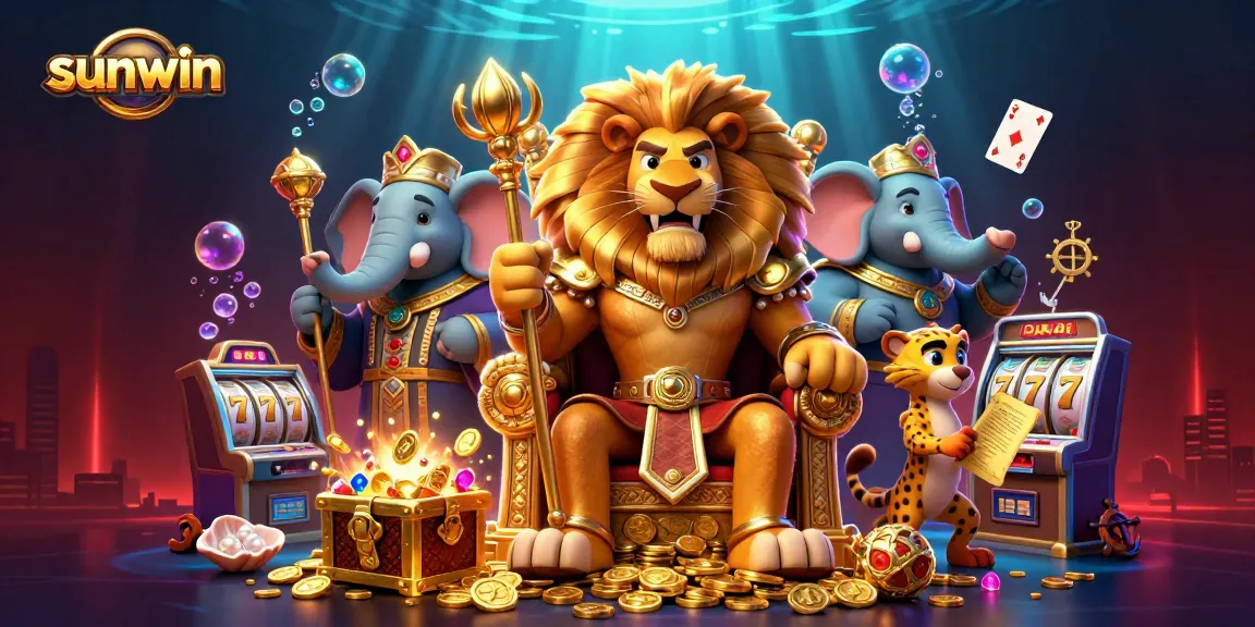 Engage with the sunwin experience featuring a lion king, elephant, and cheetah in a vibrant 3D casino scene.