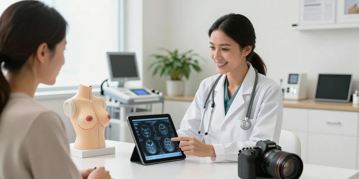 Breast surgeon in Abu Dhabi consulting patient with medical imaging in a bright clinic.