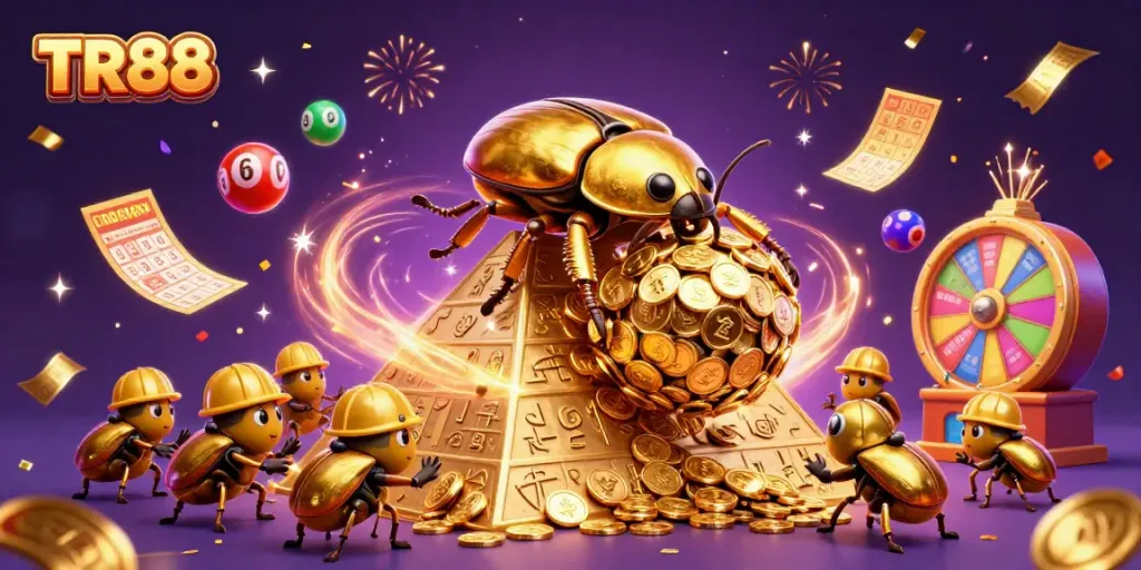 Engage with dynamic TR88 casino excitement in a vibrant, golden scene filled with lottery action.
