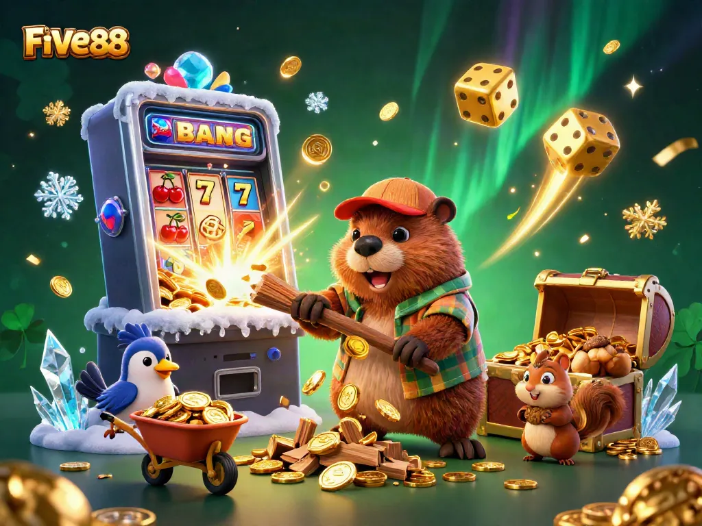 Engage in thrilling wins with FIVE88's vibrant casino scene featuring golden coins and jackpots.