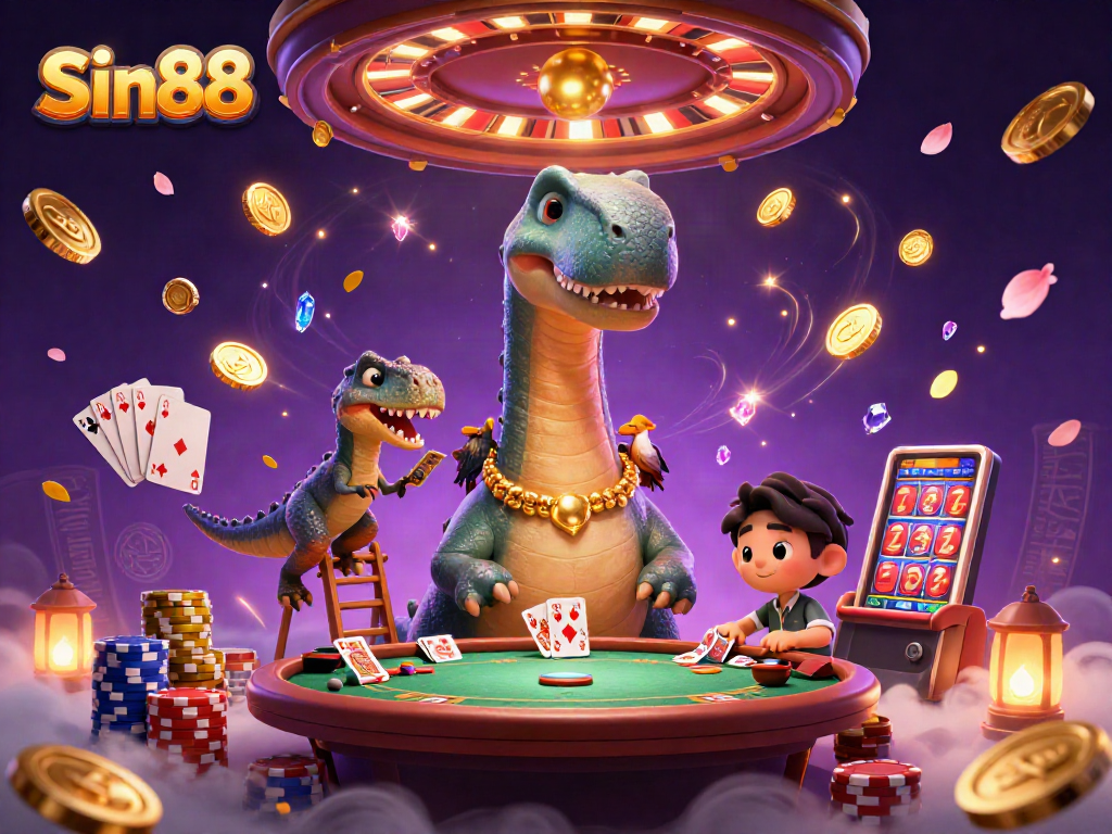 Sin88 cartoon scene depicts casino excitement with a playful dinosaur, vibrant chips, and cascading coins.
