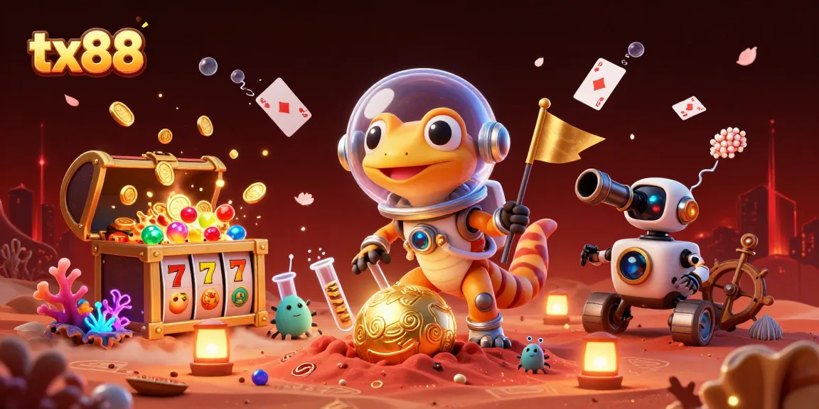 tx88 Martian gecko uncovers a golden casino amidst cheering alien bacteria in an exciting scene