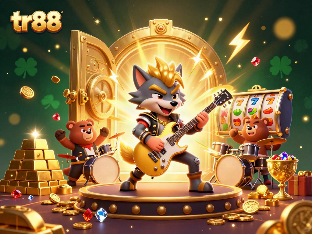tr88 rock star wolf performing on stage with gold coins and casino elements surrounding.