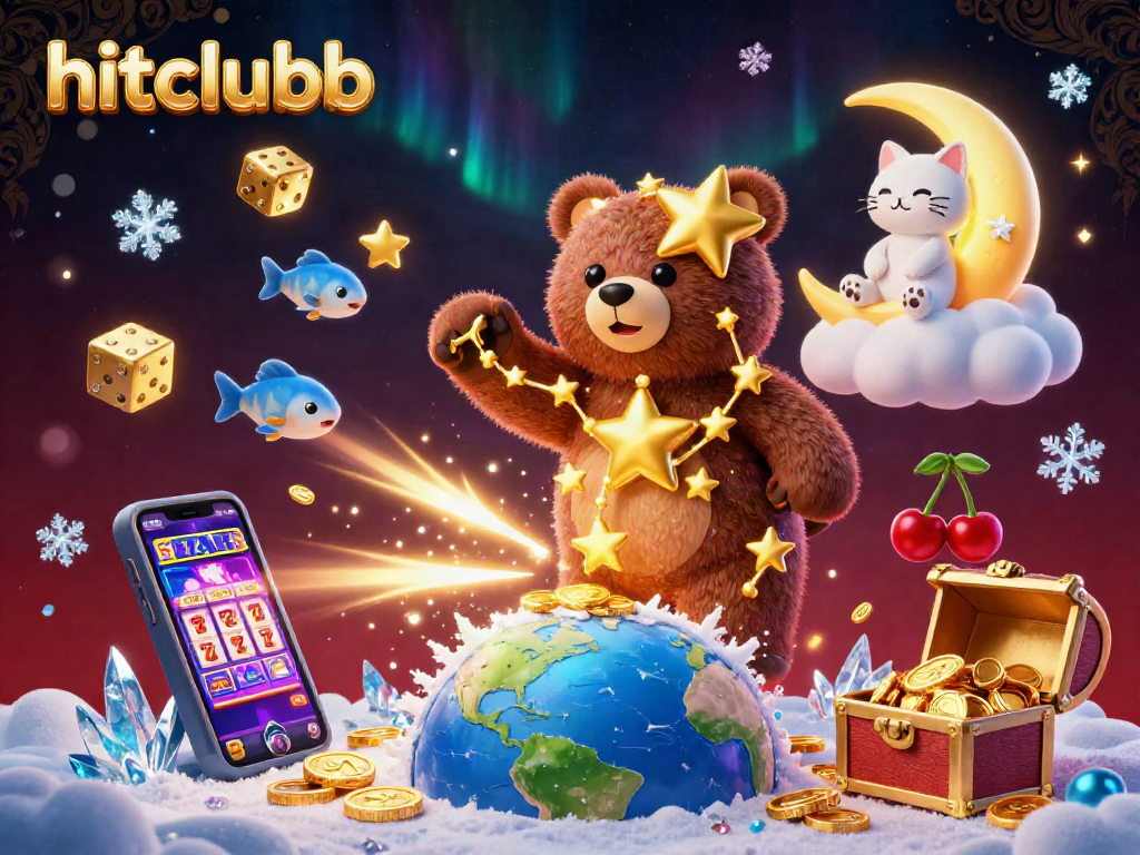 Experience the excitement at hitclubb with our vibrant 3D illustration of casino games and lucky symbols.