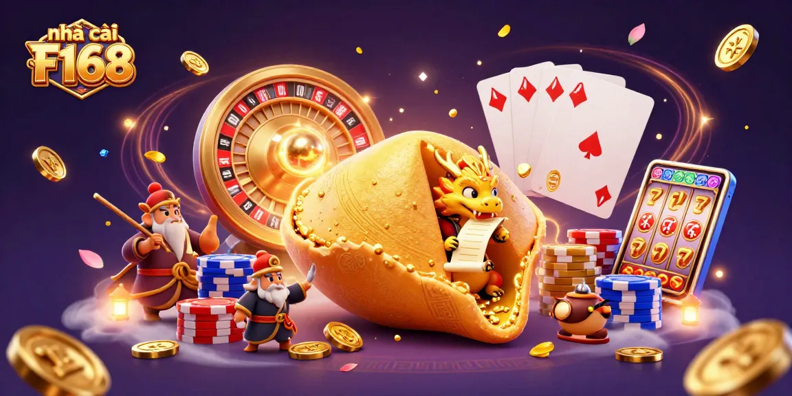 Engage with nhà cái F168 in this dynamic casino-themed illustration featuring a mystical dragon and golden treasures.
